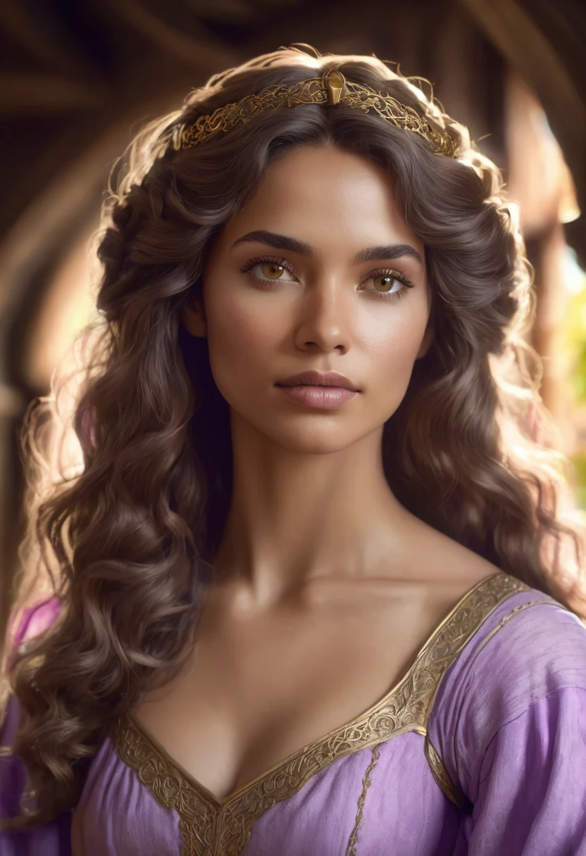 1 woman, inside a medieval room, wearing a simple medieval dress of lilac color, detailed facial features, feminine light brown eyes, detailed dark caramel skin, long curly golden brown hair, dramatic lighting, cinematic composition, warm palette, warm colors, atmospheric haze, thin chin, serious face, soft face, strong and beautiful woman (best quality, 4K, 8K, high resolution, art: 1.2), ultra detailed (realistic, photorealistic, photorealistic: 1.37)