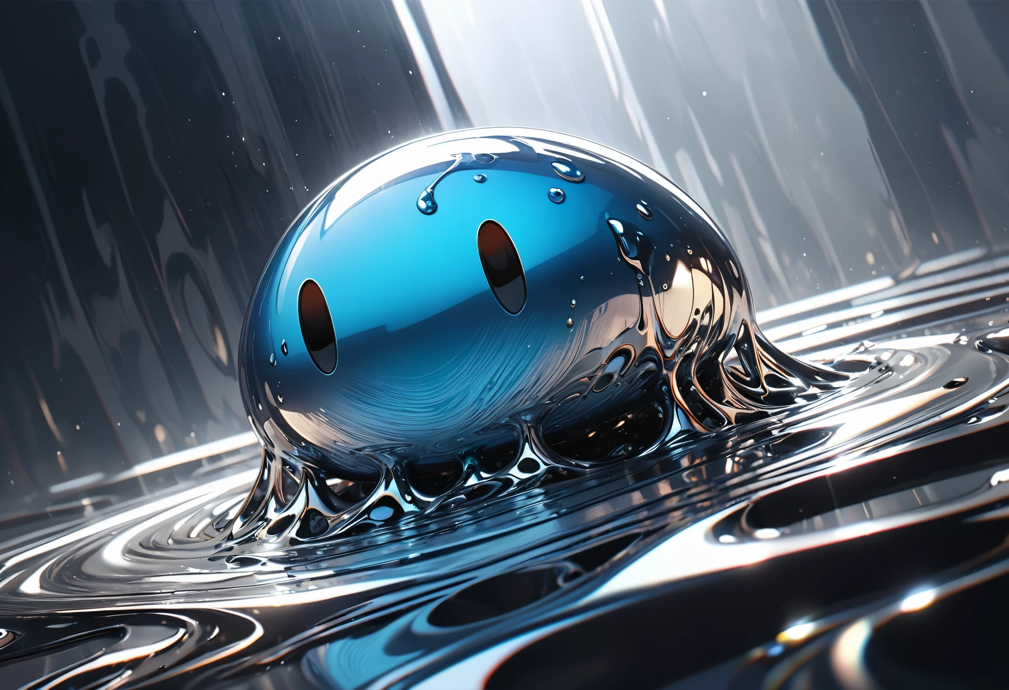(Melting silver slime, Only one piece, sloppy), Fluid Metal, masterpiece, High resolution, 8k, Cinema Lighting, Very detailed, Realistic, Dramatic Shadows, Intricate details, Gloomy atmosphere, aesthetic, Dynamic configuration, Complex Texture, Seamless blending, Glossy surface, Shining metal, Melt flow, Aesthetic form, Striking contrast, Unreal and dreamy, surreal, Smooth expression, Complex color palette, Precise brushwork, Aesthetic art, The essence of metal, A moment that captivates the audience,