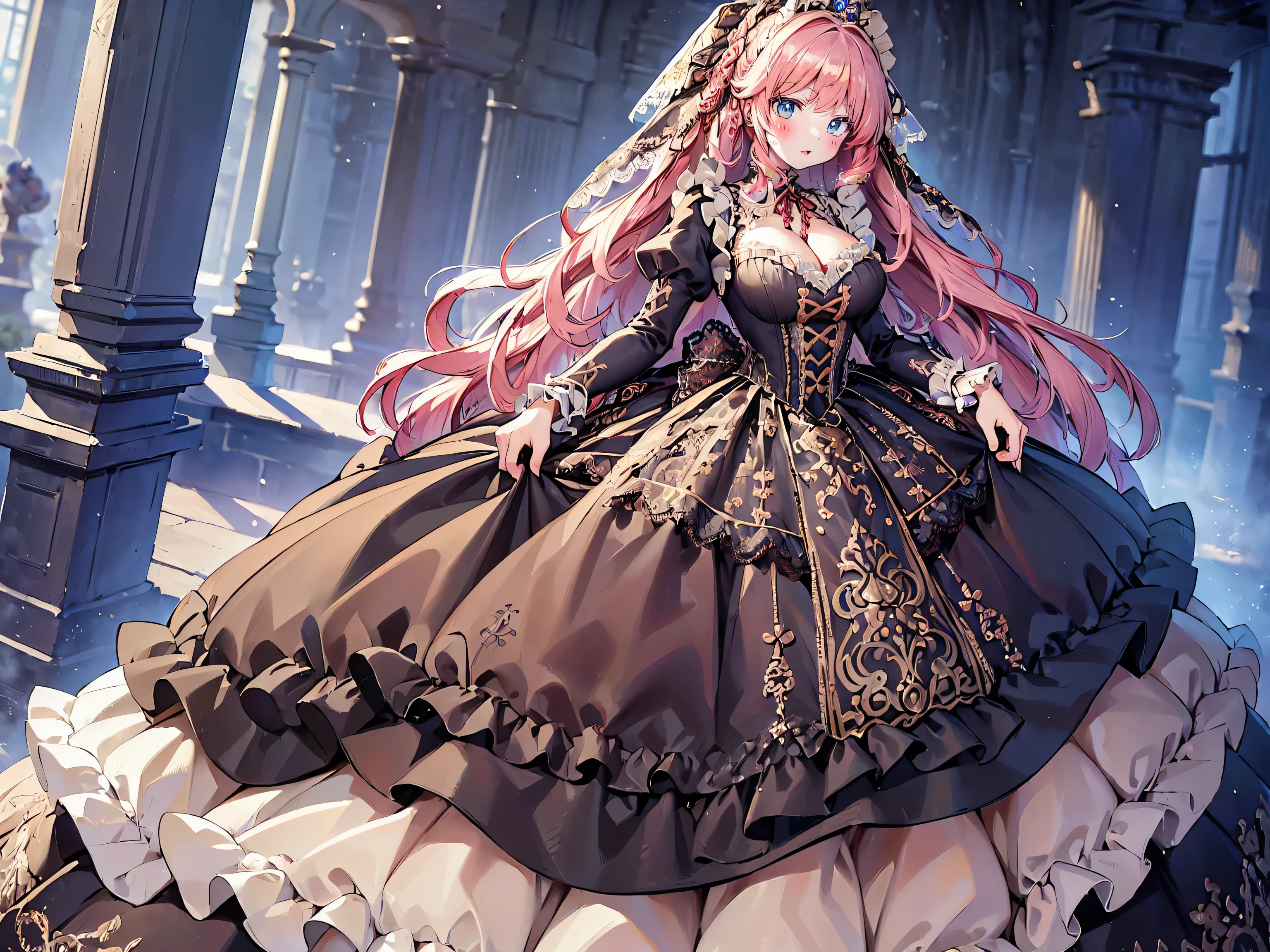 ((Superbly detailed drawing, ultra detailed, exquisite quality, absolutely resolution)), (((young face solo princess))), (((Unsurpassed gorgeous rococo victorian gown with voluminous huge hoopskirt and long hems, princess style skirt:1.5))), ((transparency gown, fluffy and full of pleats skirt:1.3)), (Super detailed and intricate exquisite design gown:1.5), ((overwhelming amount many ruffles with ribbons with intricate lace with Super detailed and intricate embroidery gown:1.9)), ((huge breasts, breasts cleavage)), (ponytail, fluffy long Expressive, hair pink hair), super voluminous long hair, hair ornament tiara, embarrassed, (((curtsey:2))), (blurry background, depth of field:1.5), super detailed skin, super delicate and beautiful face, (eyes blue eyes), (backlighting, particle effect, caustics), (((sharp focus))), (deep dark fog forest, night sky:1.5), (fisheye lens:1.3:very wide shot, magnificent panorama view, dynamic angle, dutch angle:1.5), ((full body)), (looking viewer, looking up, from above, from front:1.5),