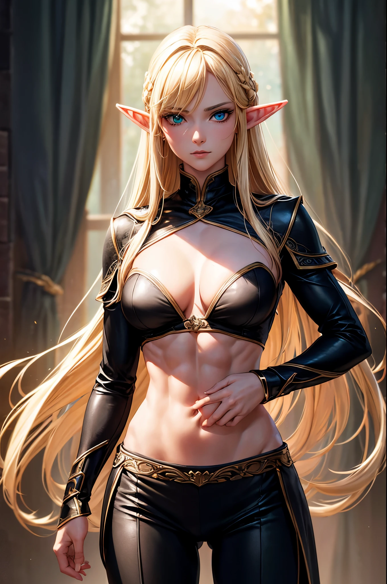 8k,An elf woman who serves as the vice-commander of the Brave Knights..,so beautiful(Like the real thing),Green Eyes,Elf Ears,Blonde Straight Hair,Muscular and slim body,Strongly defined abdominal muscles,Luxurious black exterior,Luxury Black Combat Trousers,sneer,Long, narrow eyes,masterpiece,Photorealistic RAW photos of the highest quality。Bright colors,Rich colors, Backlight, Cinema Lighting, Film Grain, to be born, 50mm lens, Nikon D850,Realistic Skin,Fantasy art,Character Art,Ultra-high resolution,Realistic scale skins,Perfect hand shape,View your viewers,Beautiful expression,1 comb&#39;hair,Very small breasts,豪華な緑と黒のVery small breastsの胸鎧,Luxurious black shoulder pad,Luxurious black gauntlets,Luxurious black armour,Luxurious black leg armor,View your viewers,Thin breastplate,Top-down view,close,Sharp Eyes,Dynamic fighting pose,Showing very little cleavage,