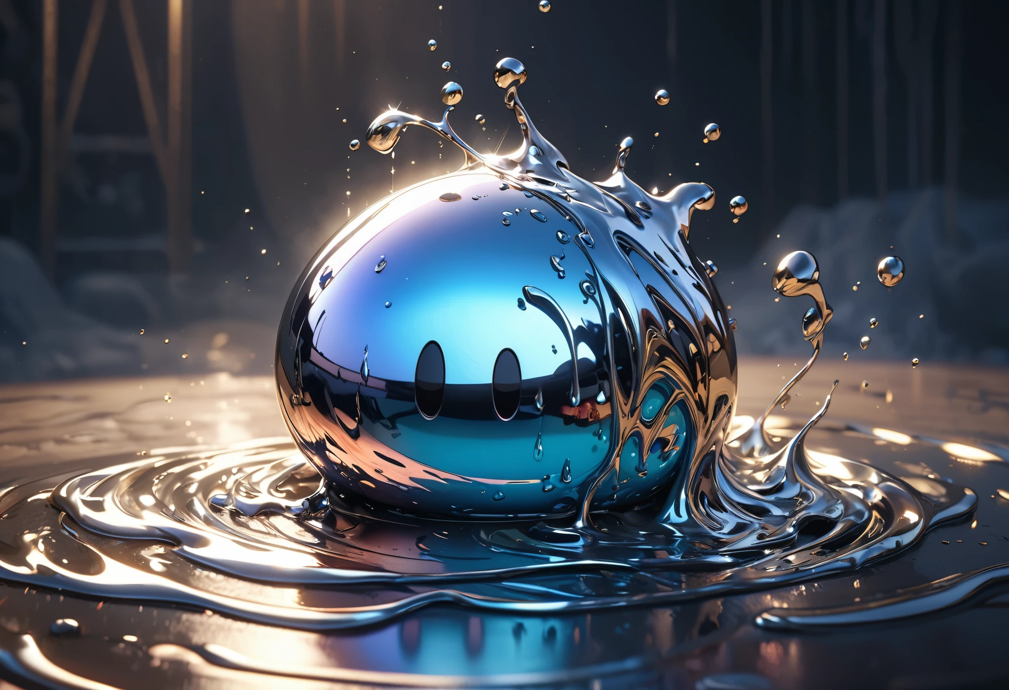 Metallic slime, Only one piece, sloppy, melting out, Fluid Metal, masterpiece, High resolution, 8k, Cinema Lighting, Very detailed, Realistic, Dramatic Shadows, Intricate details, Gloomy atmosphere, aesthetic, Dynamic configuration, Complex Texture, Seamless blending, Glossy surface, Shining metal, Melt flow, Aesthetic form, Striking contrast, Unreal and dreamy, surreal, Smooth expression, Complex color palette, Precise brushwork, Aesthetic art, The essence of metal, A moment that captivates the audience,