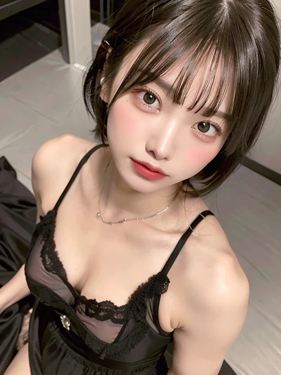 (Highest quality, 8k, 32K, Masseter muscle area, Hmph:1.2), (shoot from above: 1.8), (Slim figure:1.2), (Lips) , double eyelid, Glowing Skin, Realistic Layer, Beautiful Face, (Neutral:1.3), (short hair:1.4), Blurred Background, (Front Focus), (dark: 1.6), 1 girl, Fantasy art, Photorealistic, (Desaturated tones: 1.8), Highly detailed face, Deep Shadow, (wearing nightgown), on hotel bed
