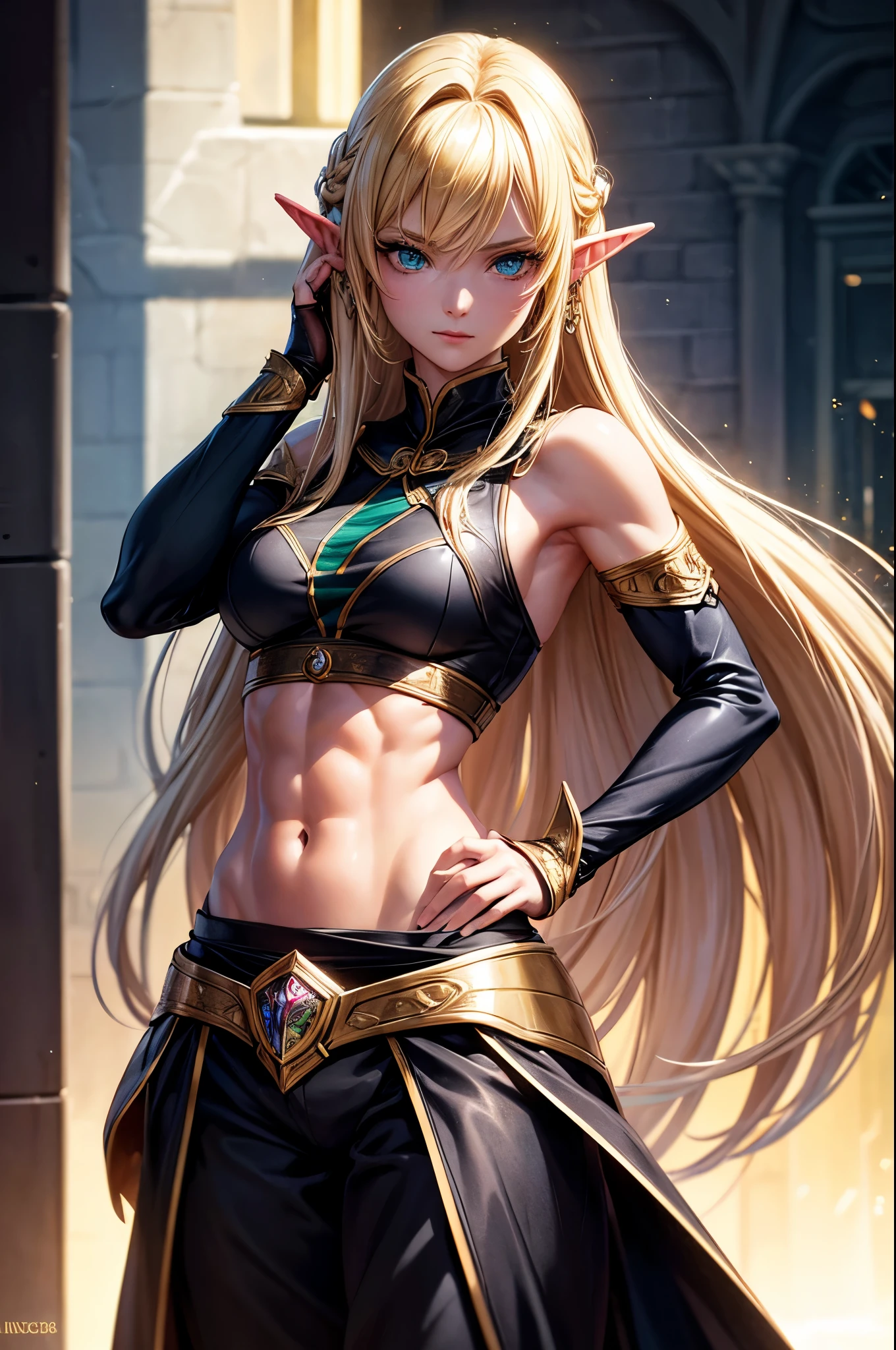 8k,An elf woman who serves as the vice-commander of the Brave Knights..,so beautiful(Like the real thing),Green Eyes,Elf Ears,Blonde Straight Hair,Muscular and slim body,Strongly defined abdominal muscles,Luxurious black exterior,Luxury Black Combat Trousers,sneer,Long, narrow eyes,masterpiece,Photorealistic RAW photos of the highest quality。Bright colors,Rich colors, Backlight, Cinema Lighting, Film Grain, to be born, 50mm lens, Nikon D850,Realistic Skin,Fantasy art,Character Art,Ultra-high resolution,Realistic scale skins,Perfect hand shape,View your viewers,Beautiful expression,1 comb&#39;hair,Very small breasts,豪華な緑と黒のVery small breastsの胸鎧,Luxurious black shoulder pad,Luxurious black gauntlets,Luxurious black armour,Luxurious black leg armor,View your viewers,Thin breastplate,Top-down view,close,Sharp Eyes,Dynamic fighting pose,Showing very little cleavage,