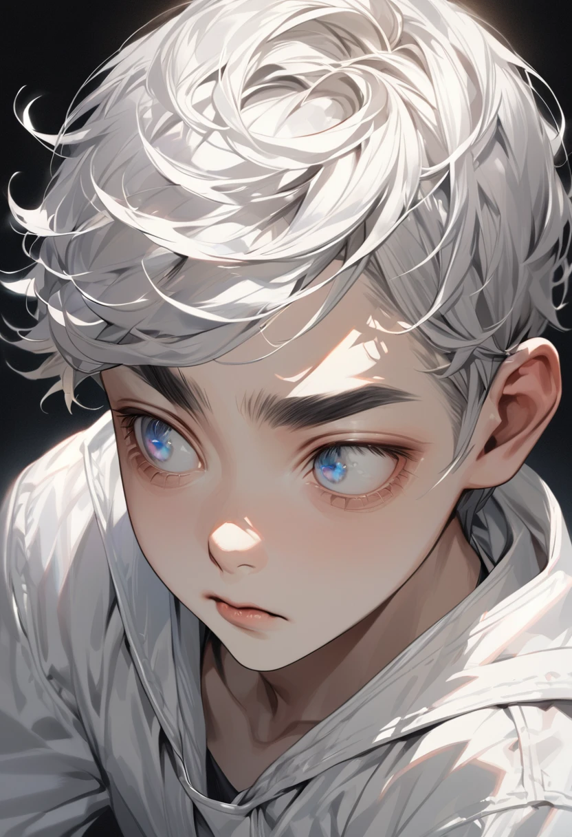 A young boy full white his eyes,eyebrows and face all full white long eyebrows very realistic he is looking down to left enime boy