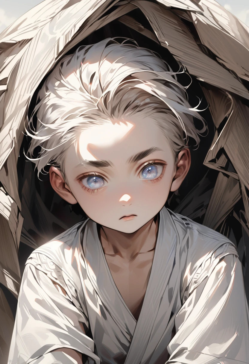 A young boy full white his eyes,eyebrows and face all full white long eyebrows very realistic he is looking down to left enime boy