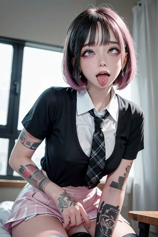 high quality, detailed,very wet,she is 13 years old and junior High school girl wearing very very wet and very transparent short sleeve white shirt and a tie,plaid skirt,(bob hair,bob hair)(wearing black overknee socks),a mole under the eye,(tounge out,tounge out tounge out),(blushing:1.4),the whole body,the whole body,she has a lot of earrings,tattoo,tattoo,detailed background,in the health room,ecstasy,orgasm,tattoo,she has fancy nails,seducing,temptation,nipples,