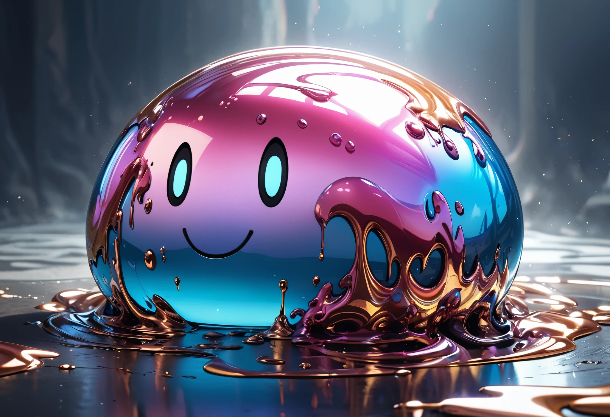 Metallic slime, Only one piece, sloppy, melting out, Fluid Metal, masterpiece, High resolution, 8k, Cinema Lighting, Very detailed, Realistic, Dramatic Shadows, Intricate details, Gloomy atmosphere, aesthetic, Dynamic configuration, Complex Texture, Seamless blending, Glossy surface, Shining metal, Melt flow, Aesthetic form, Striking contrast, Unreal and dreamy, surreal, Smooth expression, Complex color palette, Precise brushwork, Aesthetic art, The essence of metal, A moment that captivates the audience,  