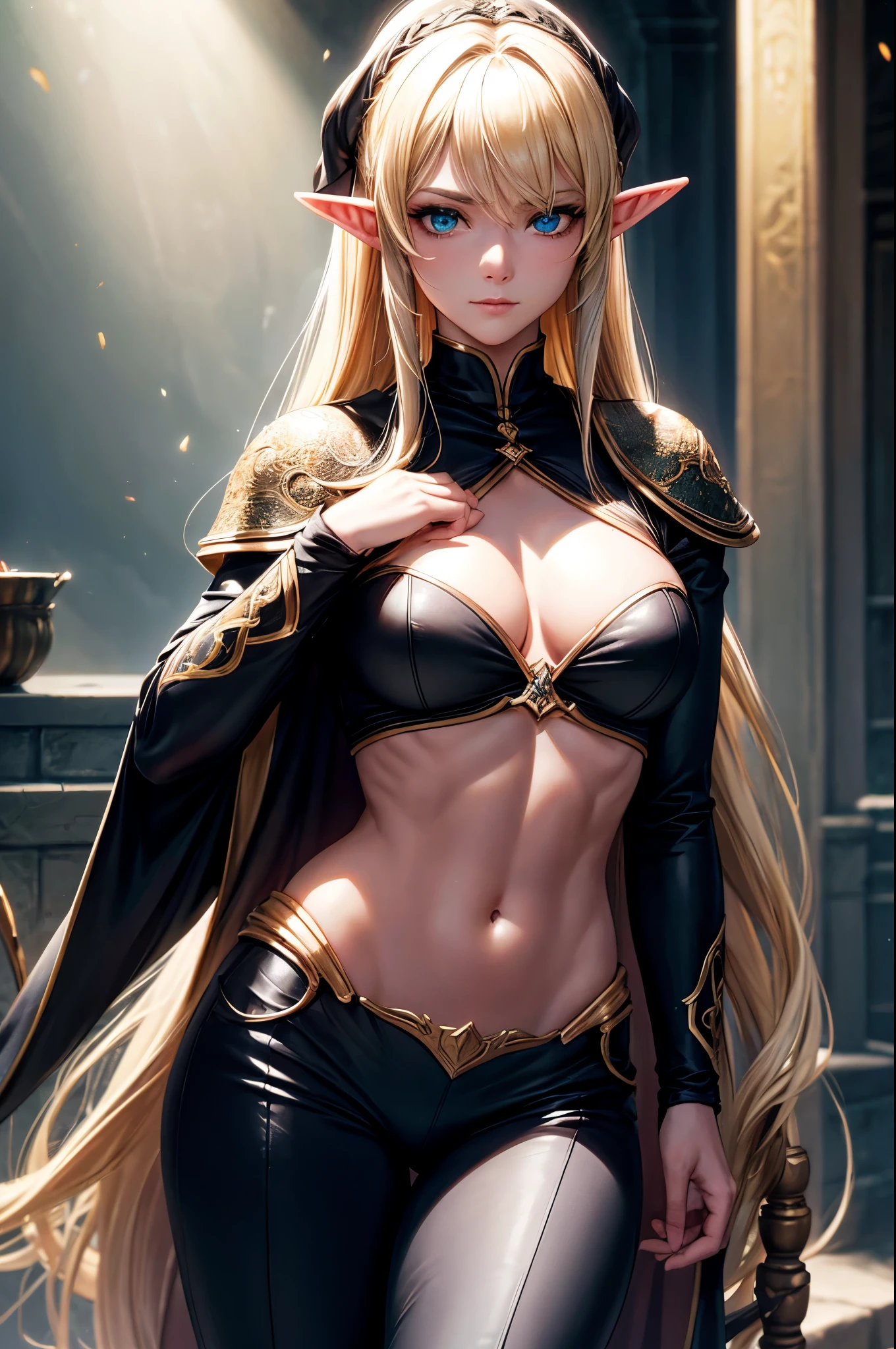 8k,An elf woman who serves as the vice-commander of the Brave Knights..,so beautiful(Like the real thing),Green Eyes,Elf Ears,Blonde Straight Hair,Muscular and slim body,Strongly defined abdominal muscles,Luxurious black exterior,Luxury Black Combat Trousers,sneer,Long, narrow eyes,masterpiece,Photorealistic RAW photos of the highest quality。Bright colors,Rich colors, Backlight, Cinema Lighting, Film Grain, to be born, 50mm lens, Nikon D850,Realistic Skin,Fantasy art,Character Art,Ultra-high resolution,Realistic scale skins,Perfect hand shape,View your viewers,Beautiful expression,1 comb&#39;hair,Very small breasts,豪華な緑と黒のVery small breastsの胸鎧,Luxurious black shoulder pad,Luxurious black gauntlets,Luxurious black armour,Luxurious black leg armor,View your viewers,Thin breastplate,Top-down view,close,Sharp Eyes,Dynamic fighting pose,Showing very little cleavage,