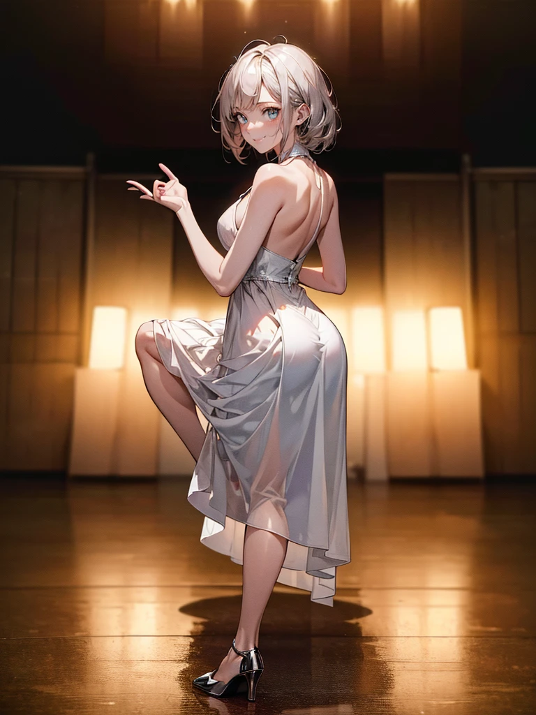 (masterpiece, high resolution, best quality,highres:1.5), CG, illustration, delicate face, cute face, shiny hair, shiny skin, sparkling pupils, Latex dresses,High heels,Patterned dragonfly stockings, looking back, silver hair,