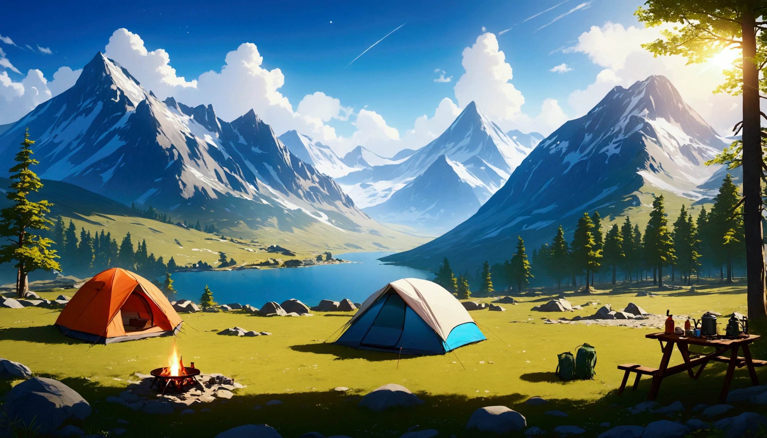 A plateau with a great view,camp site,The view is amazing.,tent,Camping equipment,Highest quality, 8k, High resolution, masterpiece:1.2, Very detailed, Realistic:1.37, High resolution, 超High resolution, Very detailed, Professional, Vibrant colors