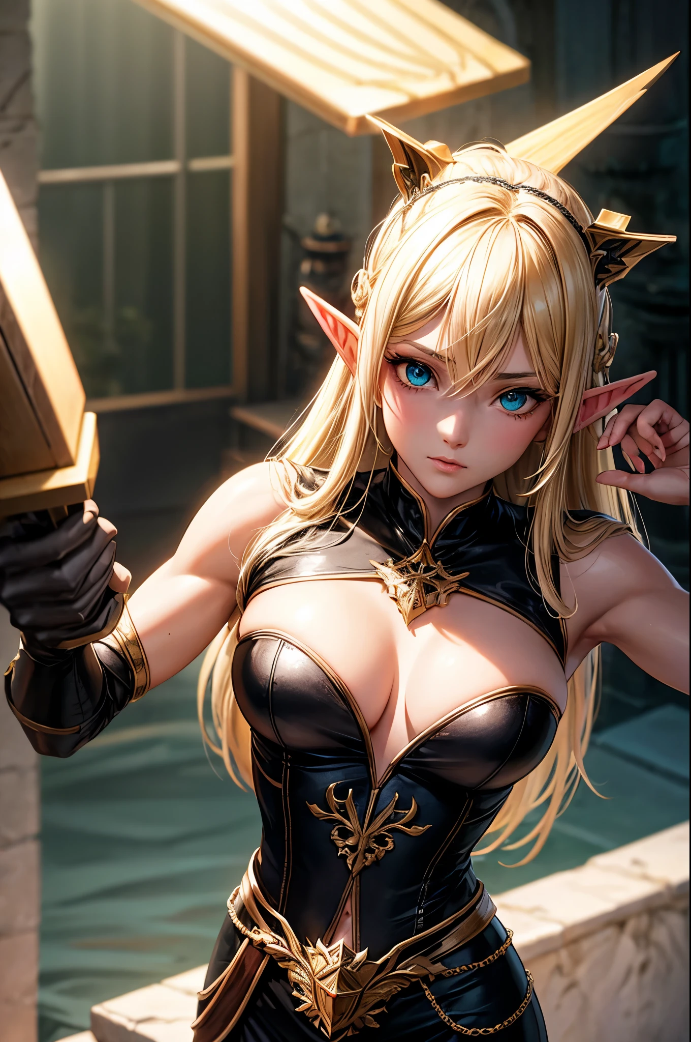 8k,An elf woman who serves as the vice-commander of the Brave Knights..,so beautiful(Like the real thing),Green Eyes,Elf Ears,Blonde Straight Hair,Muscular and slim body,Strongly defined abdominal muscles,Luxurious black exterior,Luxury Black Combat Trousers,sneer,Long, narrow eyes,masterpiece,Photorealistic RAW photos of the highest quality。Bright colors,Rich colors, Backlight, Cinema Lighting, Film Grain, to be born, 50mm lens, Nikon D850,Realistic Skin,Fantasy art,Character Art,Ultra-high resolution,Realistic scale skins,Perfect hand shape,View your viewers,Beautiful expression,1 comb&#39;hair,Very small breasts,豪華な緑と黒のVery small breastsの胸鎧,Luxurious black shoulder pad,Luxurious black gauntlets,Luxurious black armour,Luxurious black leg armor,View your viewers,Thin breastplate,Top-down view,close,Sharp Eyes,Dynamic fighting pose,Showing very little cleavage,