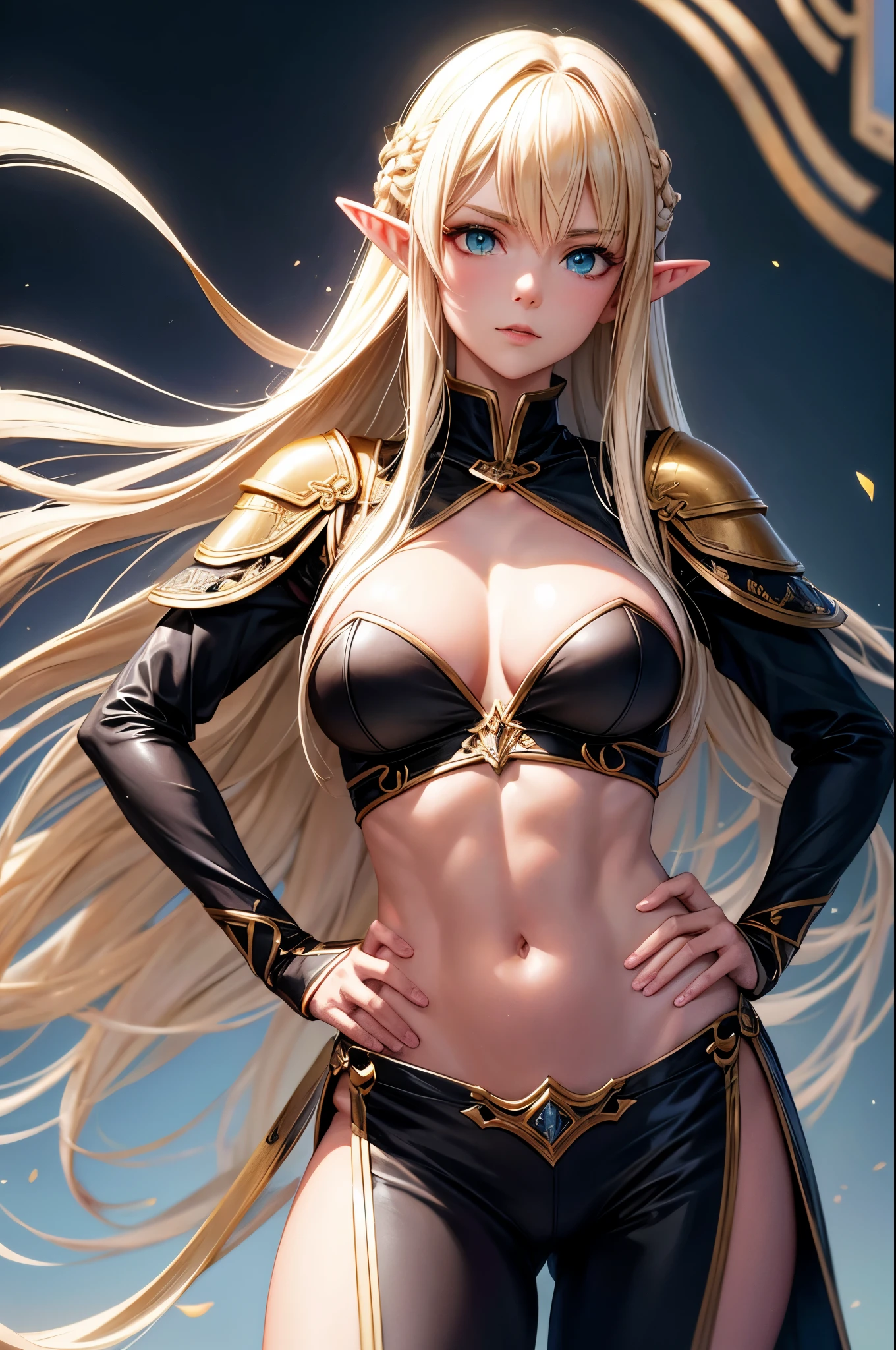 8k,An elf woman who serves as the vice-commander of the Brave Knights..,so beautiful(Like the real thing),Green Eyes,Elf Ears,Blonde Straight Hair,Muscular and slim body,Strongly defined abdominal muscles,Luxurious black exterior,Luxury Black Combat Trousers,sneer,Long, narrow eyes,masterpiece,Photorealistic RAW photos of the highest quality。Bright colors,Rich colors, Backlight, Cinema Lighting, Film Grain, to be born, 50mm lens, Nikon D850,Realistic Skin,Fantasy art,Character Art,Ultra-high resolution,Realistic scale skins,Perfect hand shape,View your viewers,Beautiful expression,1 comb&#39;hair,Very small breasts,豪華な緑と黒のVery small breastsの胸鎧,Luxurious black shoulder pad,Luxurious black gauntlets,Luxurious black armour,Luxurious black leg armor,View your viewers,Thin breastplate,Top-down view,close,Sharp Eyes,Dynamic fighting pose,Showing very little cleavage,