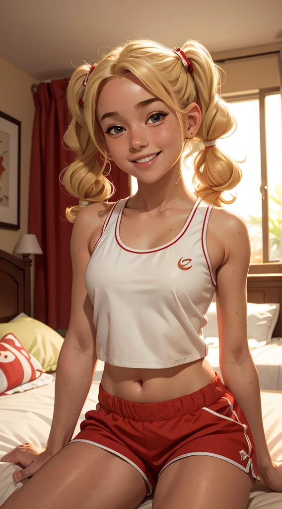 (masterpiece, best quality),1girl smiling with Blonde curly hair twin tails sitting in a bed of her bedroom in front of her bedroom, warm lighting, blurry foreground, red dolphin shorts with a white, crop tank top, 18 yo, very small breasts