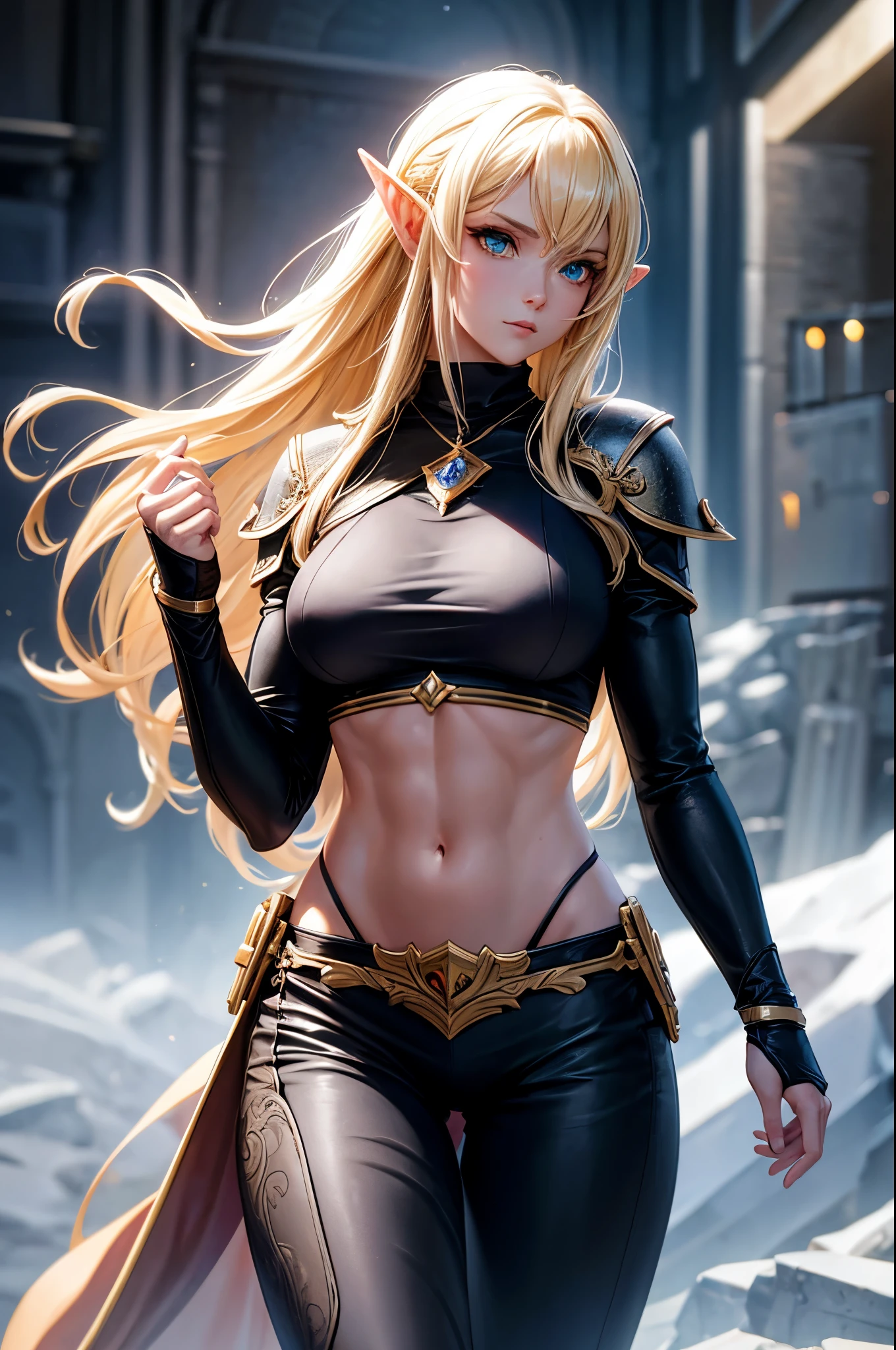 8k,An elf woman who serves as the vice-commander of the Brave Knights..,so beautiful(Like the real thing),Green Eyes,Elf Ears,Blonde Straight Hair,Muscular and slim body,Strongly defined abdominal muscles,Luxurious black exterior,Luxury Black Combat Trousers,sneer,Long, narrow eyes,masterpiece,Photorealistic RAW photos of the highest quality。Bright colors,Rich colors, Backlight, Cinema Lighting, Film Grain, to be born, 50mm lens, Nikon D850,Realistic Skin,Fantasy art,Character Art,Ultra-high resolution,Realistic scale skins,Perfect hand shape,View your viewers,Beautiful expression,1 comb&#39;hair,Very small breasts,豪華な緑と黒のVery small breastsの胸鎧,Luxurious black shoulder pad,Luxurious black gauntlets,Luxurious black armour,Luxurious black leg armor,View your viewers,Thin breastplate,Top-down view,close,Sharp Eyes,Dynamic fighting pose,Showing very little cleavage,