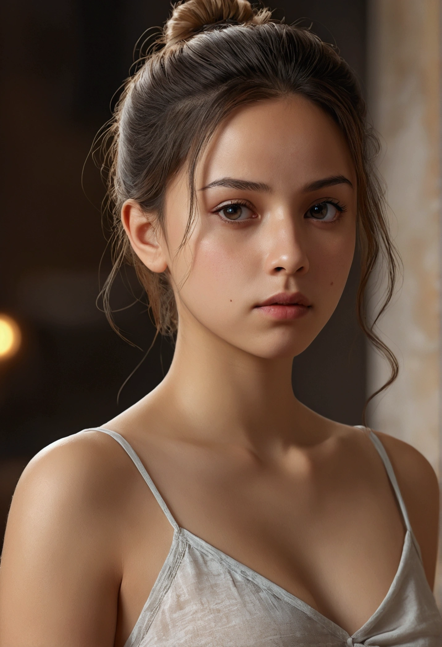 8K, of the highest quality, masutepiece:1.2), (Realistic, Photorealsitic:1.37), of the highest quality, masutepiece, Beautiful young woman, Pensive expression, Gentle eyes, sexy camisole、Hair tied back, Messy mood, Cinematic background,  Light skin tone