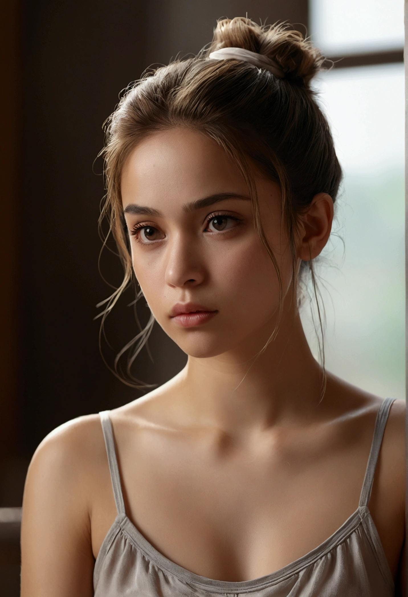8K, of the highest quality, masutepiece:1.2), (Realistic, Photorealsitic:1.37), of the highest quality, masutepiece, Beautiful young woman, Pensive expression, Gentle eyes, sexy camisole、Hair tied back, Messy mood, Cinematic background, Light skin tone