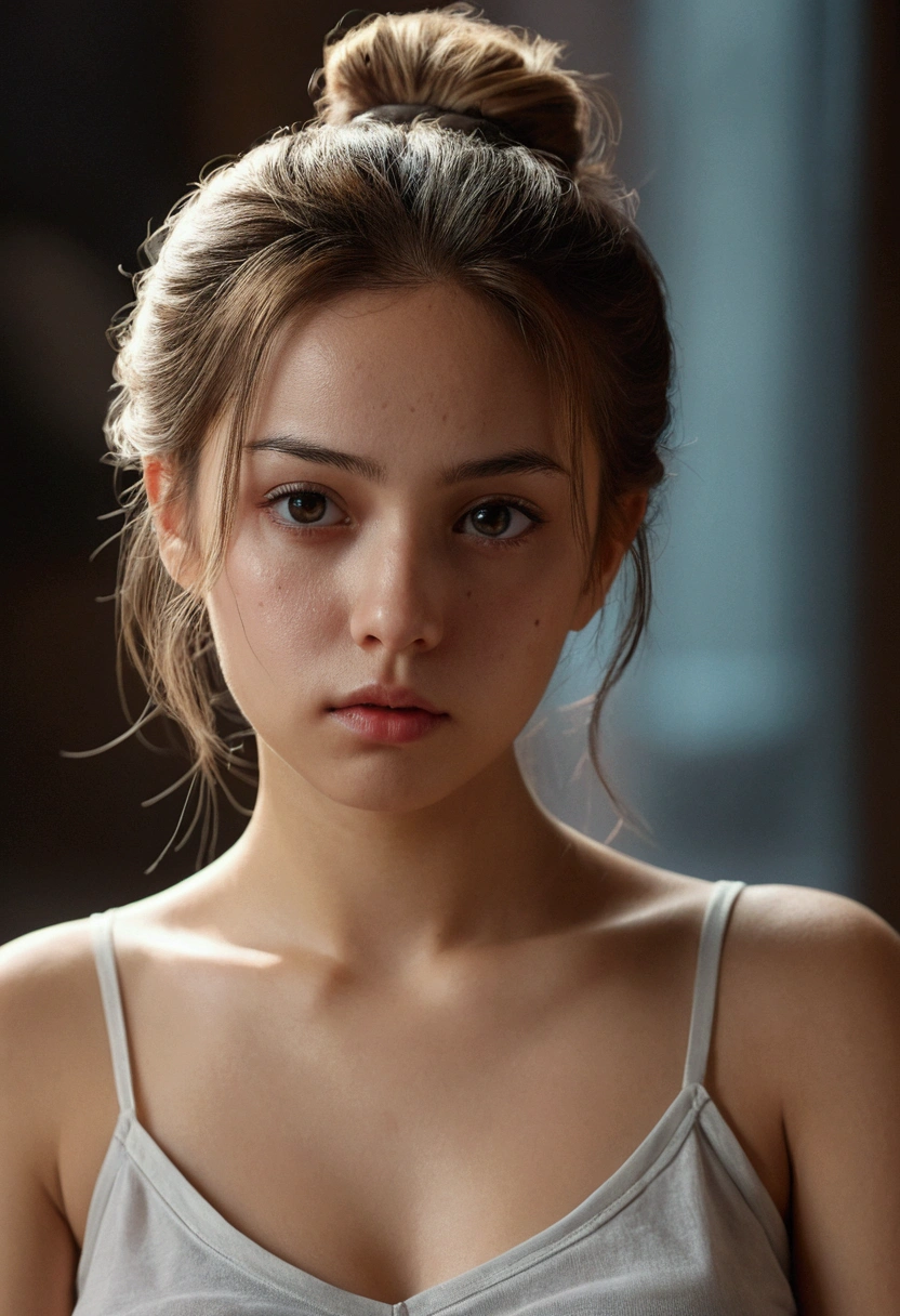 8K, of the highest quality, masutepiece:1.2), (Realistic, Photorealsitic:1.37), of the highest quality, masutepiece, Beautiful young woman, Pensive expression, Gentle eyes, sexy camisole、Hair tied back, Messy mood, Cinematic background, Light skin tone