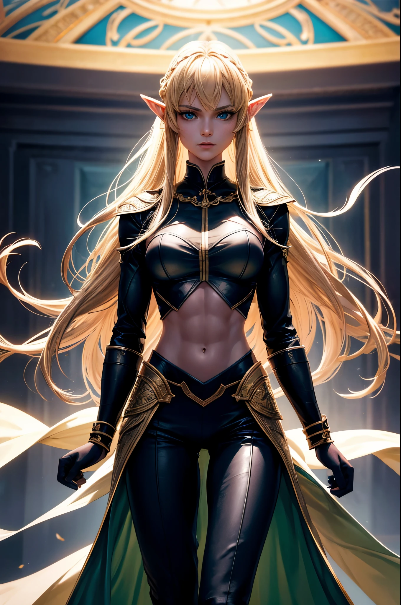 8k,An elf woman who serves as the vice-commander of the Brave Knights..,so beautiful(Like the real thing),Green Eyes,Elf Ears,Blonde Straight Hair,Muscular and slim body,Strongly defined abdominal muscles,Luxurious black exterior,Luxury Black Combat Trousers,sneer,Long, narrow eyes,masterpiece,Photorealistic RAW photos of the highest quality。Bright colors,Rich colors, Backlight, Cinema Lighting, Film Grain, to be born, 50mm lens, Nikon D850,Realistic Skin,Fantasy art,Character Art,Ultra-high resolution,Realistic scale skins,Perfect hand shape,View your viewers,Beautiful expression,1 comb&#39;hair,Very small breasts,豪華な緑と黒のVery small breastsの胸鎧,Luxurious black shoulder pad,Luxurious black gauntlets,Luxurious black armour,Luxurious black leg armor,View your viewers,Thin breastplate,Top-down view,close,Sharp Eyes,Dynamic fighting pose,Showing very little cleavage,