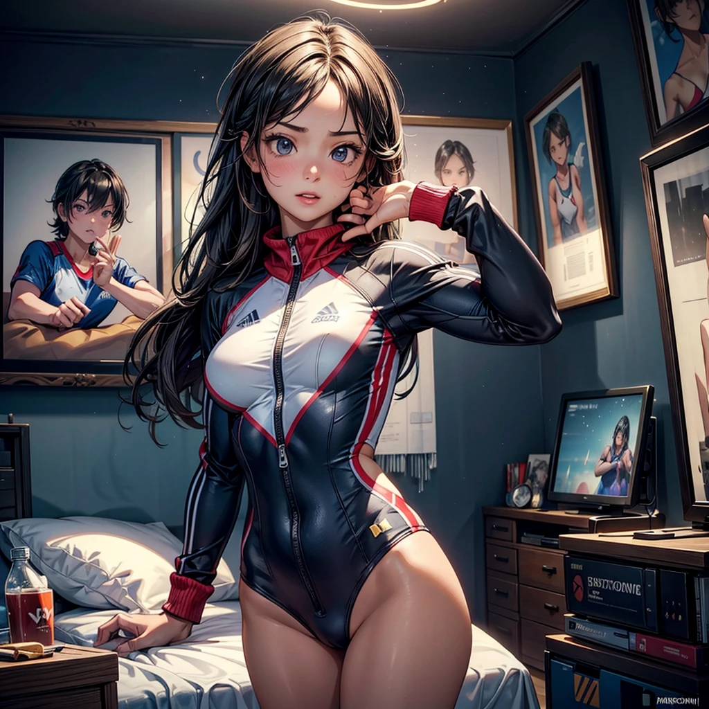NSFW, sexy, A young girl is passionately cheering for an Olympic event while wearing sportswear, as if she were participating herself. She is dressed in a uniform similar to those worn by athletes in the event she is watching. The scene takes place in her bedroom, filled with various gaming consoles, accessories, and games scattered around. The girl appears fully immersed, standing in front of a screen with Olympic coverage, energetically cheering and supporting the athletes. The room has a cozy feel, with posters on the walls and a bed in the background. The image is square in format, showcasing rich textures and intricate details, capturing the excitement and intensity of the moment. --vivid colors, --dynamic pose, --sharp focus, --dramatic lighting, --realistic anatomy, --high_quality, --ultra_detail, --intricate_design, --extremely_detailed, --hyper_realistic, --zenith,  --max, --sports wear, --Olympic, --Olympic Uniforms, --TV watching, --sexy