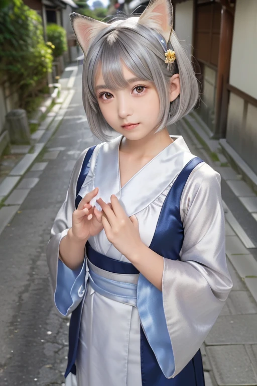 ((Silver Hair))、((Short Hair))、Small fox ears、one girl, (a beauty girl, delicate girl:1.3), (12 years old, change:1.3), break,((Shrine maiden costume)),(Brown fox ears) break, Definition of Very Fine Particles, (Symmetrical eyes:1.3), break, (alley, Kyoto:1.3), perfectly trimmed fingers, break, ((Beautiful medium milk)), Brown eyes, Parted bangs, Brown Hair, girl, break, (Eye and facial details:1.0), break, (masterpiece, Highest quality, Very detailed, Detailed face, 8k)