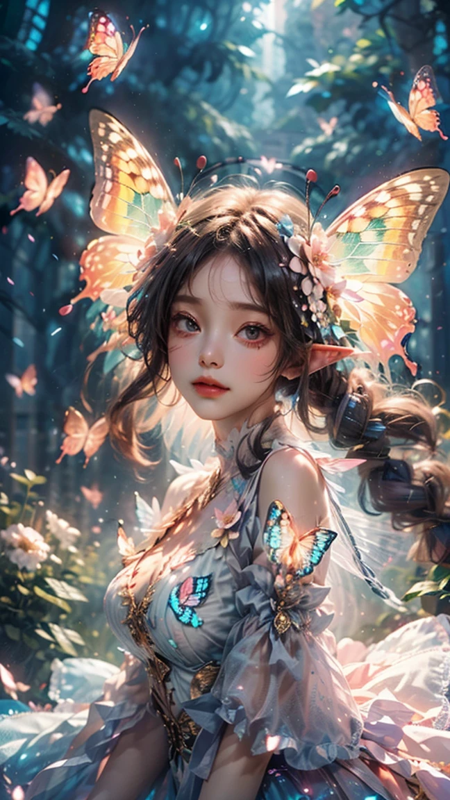 1girl,Butterflies on the Head, antennae, blurry, blurry background, brown hair, butterfly, butterfly hair ornament, butterfly on hand, butterfly wings, cleavage, fairy, fairy wings, flower, flying, (glowing butterfly:1.3), (glowing wings:1.3),hair ornament,insect wings, lips, long hair, medium breasts, motion blur, multicolored wings, nature, pink wings, pointy ears, purple wings, solo, transparent wings, white butterfly, white wings, wings, yellow butterfly, yellow wings,Dawn Elf,dawn,glow,Glowing wings,Dress,Multiple butterflies,Glowing Butterfly,Super large wings, 1girl, eluosi