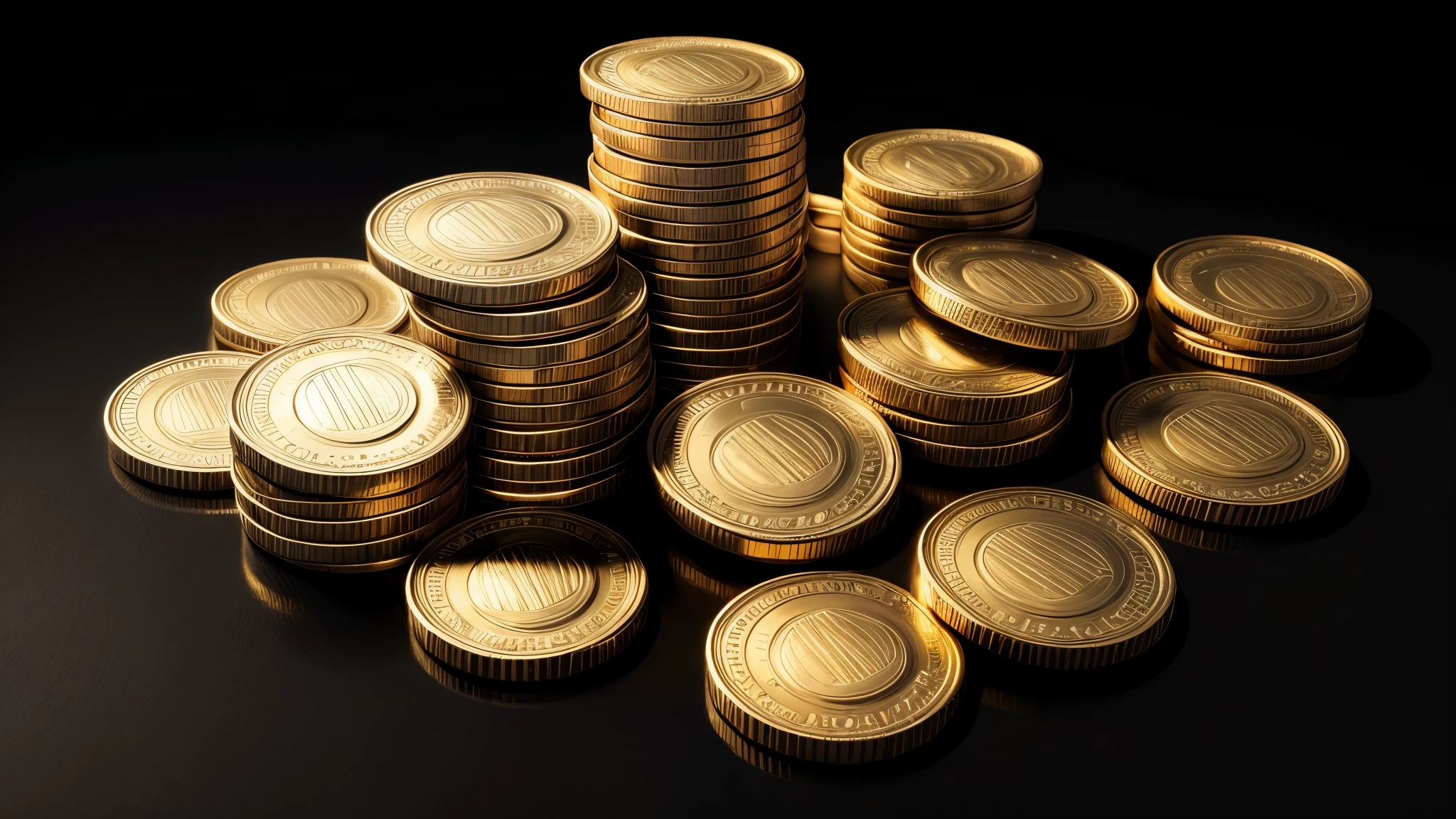 masterpiece, best quality, extremely detailed, hyperrealistic, photorealistic, coins piled up, black background