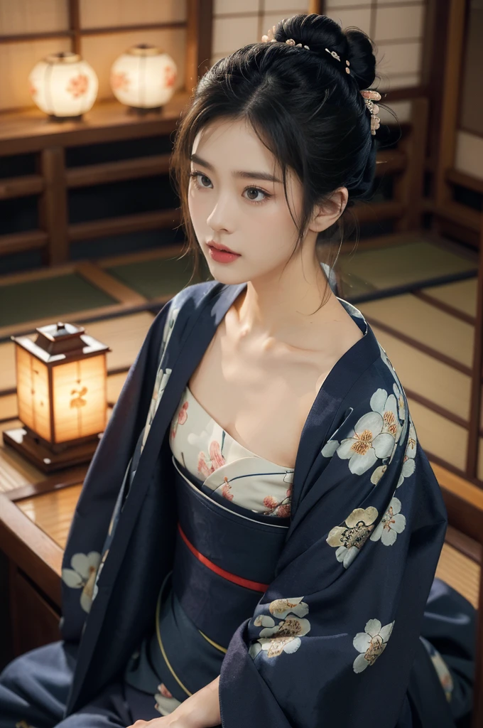 (((best quality))),(((ultra detailed))),(((masterpiece))),illustration,((1 beautiful Japanese girl,solo)),((slim,thin)),((small breasts,flat chest)),serene,melancholic,(rainy:1.3),(night scene:1.3),(in izakaya:1.3),(bun hair:1.2),(traditional Navy blue floral kimono:1.3),cozy atmosphere,ethereal appearance,delicate features,expressive eyes,contemplation,numbs loneliness,intricate kimono patterns,billowing kimono,traditional beauty,graceful sitting pose,sliding doors,rainy alley,soft glow lanterns,warm ambiance,vapor,atmospheric haze,introspection,isolation,beauty in solitude,complex emotions,quiet moments,Drinking Alone,narrative,loneliness,yearning,inner peace,((from front,upper body))