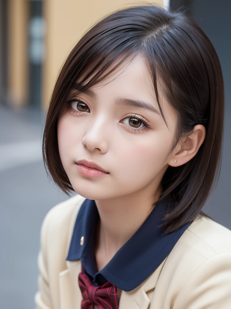 One Girl,(1人のとてもcute女の子:1.3),masterpiece,Highest quality,High resolution,From below,Low - Angle,Photorealistic,RAW Photos,Ray Tracing,Physically Based Rendering,beautiful girl,(15 years old:1.3),cute,Round face,Big eyes,(detailed pupils:1.2),(The face is facing straight ahead:1.3),Body facing forward,Beautiful nose,Upturned nose,Fuller lips,Short black hair,ponytail,short hair,Detailed eyelashes,Thin eyebrows,Very fine grain definition,(Symmetrical eyes,Golden Ratio:1.3),(Face Focus:1.0),Small breasts,Short neck,Navy Blue Blazer,Red checked pleated skirt,School uniforms,coastal,Blue sky,White cloud,School uniforms,Portrait,View Viewer,Upper Body,Cinema Lighting,High resolution,Very detailed