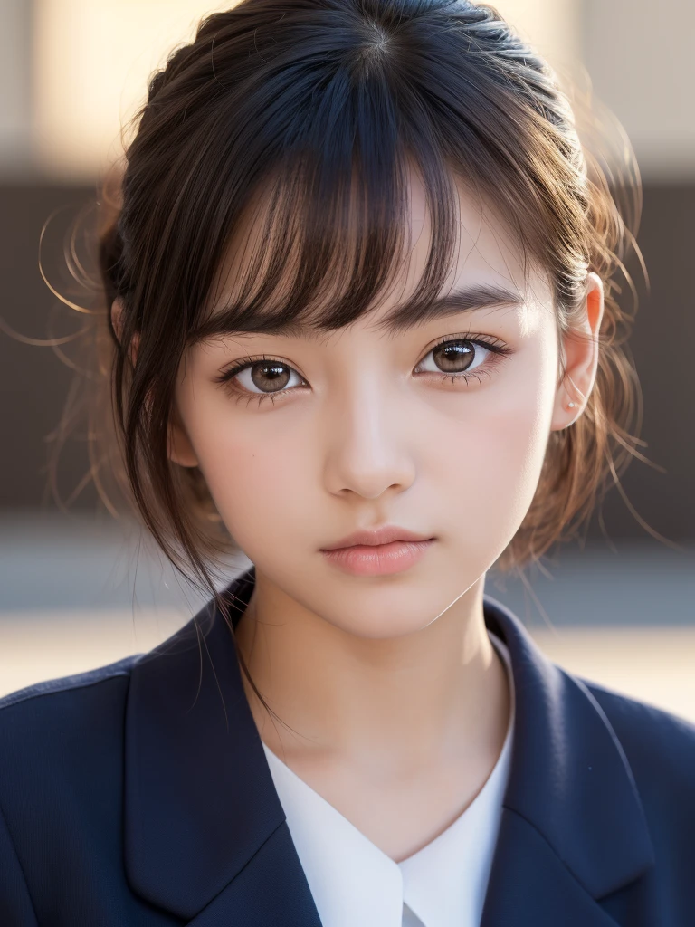 One Girl,(1人のとてもcute女の子:1.3),masterpiece,Highest quality,High resolution,From below,Low - Angle,Photorealistic,RAW Photos,Ray Tracing,Physically Based Rendering,beautiful girl,(15 years old:1.3),cute,Round face,Big eyes,(detailed pupils:1.2),(The face is facing straight ahead:1.3),Body facing forward,Beautiful nose,Upturned nose,Fuller lips,Short black hair,ponytail,short hair,Detailed eyelashes,Thin eyebrows,Very fine grain definition,(Symmetrical eyes,Golden Ratio:1.3),(Face Focus:1.0),Small breasts,Short neck,Navy Blue Blazer,Red checked pleated skirt,School uniforms,coastal,Blue sky,White cloud,School uniforms,Portrait,View Viewer,Upper Body,Cinema Lighting,High resolution,Very detailed