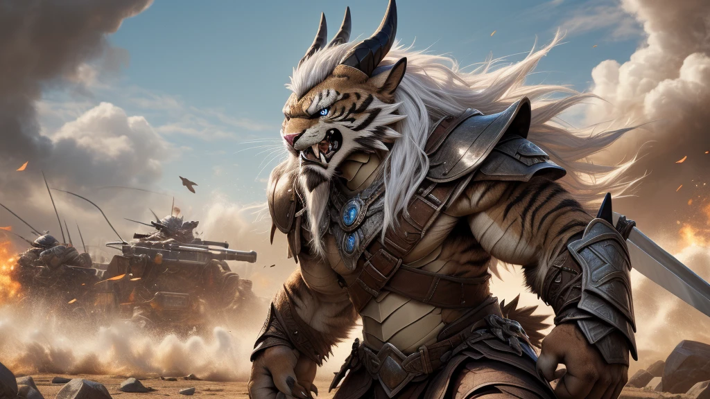 head、Animal cat face、A pair of dragon horns,Full body of fluffy white hair、Heavy breathing、Gnashing of teeth,Serious expression,Fluffy belly、Leather Armor,Viking style,wildcat、blue eyes,(contour)Full body covered with long white hair、Hairy body、Long and thick armpit hair、Fangs、4K,War Background,Sharp claws、Capture the composition of the whole body、 一把sword,左手握住sword柄,Handheld weapons/sword/daggeghting Stance,Run forward,charge,HD