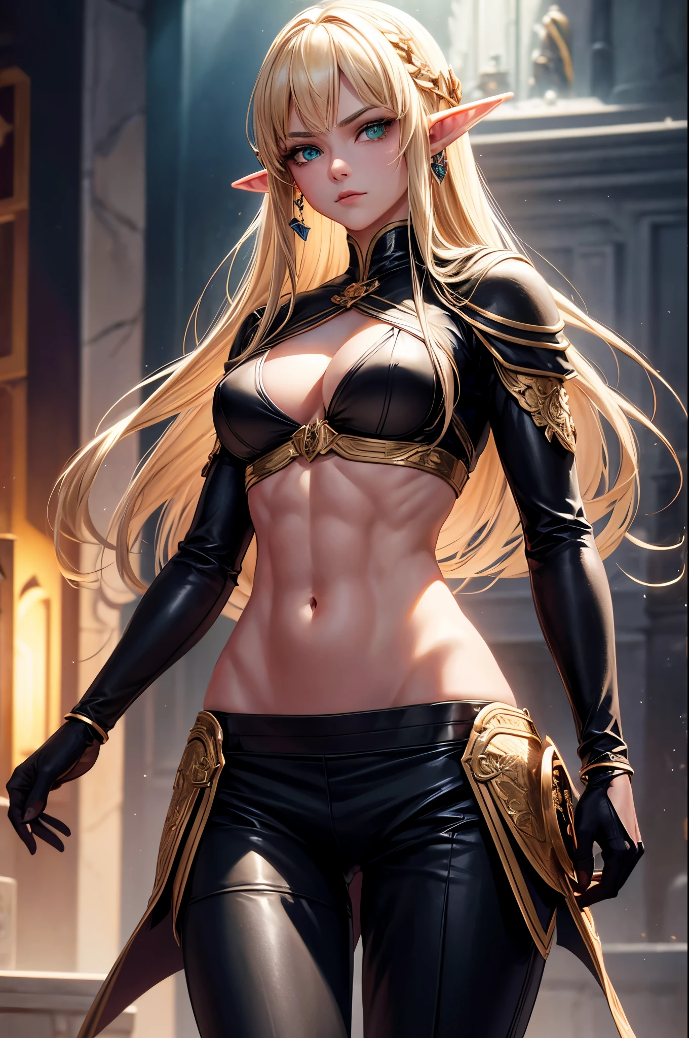 8k,An elf woman who serves as the vice-commander of the Brave Knights..,so beautiful(Like the real thing),Green Eyes,Elf Ears,Blonde Straight Hair,Muscular and slim body,Strongly defined abdominal muscles,Luxurious black exterior,Luxury Black Combat Trousers,sneer,Long, narrow eyes,masterpiece,Photorealistic RAW photos of the highest quality。Bright colors,Rich colors, Backlight, Cinema Lighting, Film Grain, to be born, 50mm lens, Nikon D850,Realistic Skin,Fantasy art,Character Art,Ultra-high resolution,Realistic scale skins,Perfect hand shape,View your viewers,Beautiful expression,1 comb&#39;hair,Very small breasts,豪華な緑と黒のVery small breastsの胸鎧,Luxurious black shoulder pad,Luxurious black gauntlets,Luxurious black armour,Luxurious black leg armor,View your viewers,Thin breastplate,Top-down view,close,Sharp Eyes,Dynamic fighting pose,Showing very little cleavage,