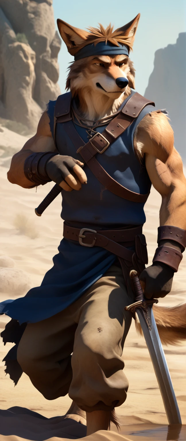 Solo anthro furry desert wolf coyote male; ancient Mediterranean desert warrior; slim mesomorph handsome model apperance; boy's messy short hair headband; sexy toned muscules; sword scars;  worn out brown studded leather rusty armament. He has a worn ot dirty old sleeveless tunic, belted with a heavy leather belt armor. on his chest he wears a skimpy breastplate over a tunic, a harness, a loinloth with worn-out loose desert trousers
, He has His armor is old heavy brown harness with armlets studded with spikes;,  he has old brown leather BFR Bands on Biceps and his thighs, he has old worn out fingerless leather gloves. His armor is in ruin, it is very very old and dirty, rusted, dirty, old worn out, rusty breastplate. Even though he is a handsome man, he has a sloppy appearance, has disheveled unwashed dirty fur, dirty body look. he smells, he has stains from old blood, dirt, semen, mud, smelly furr, disgusting bastard looking.  Mediterranean sunny pine seacoastline pine forest; he has a proud, threatening and defiant expression on his face, with little dirty dangerous smile; He stands proudly bravely in an upright attacking position, he holds a rised up sword in his right paw, ready for incoming fight; 