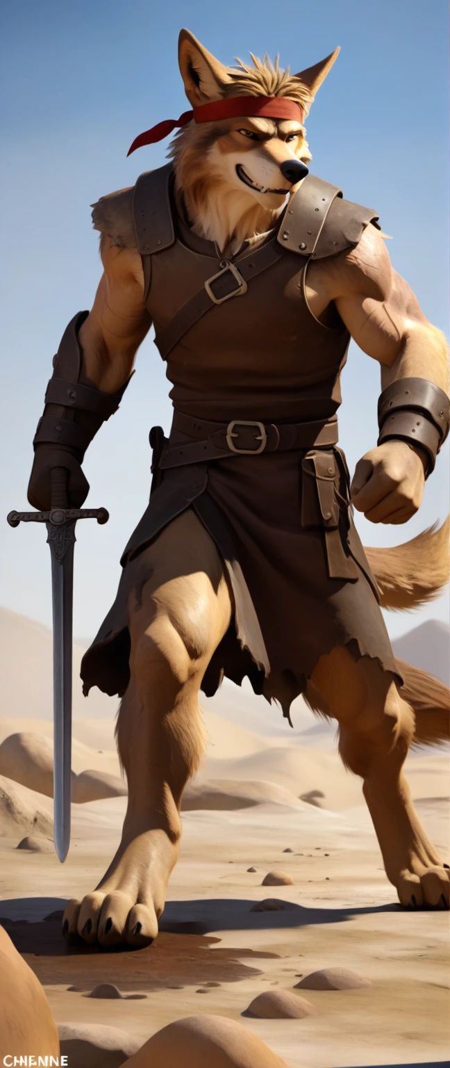 Solo anthro furry desert wolf coyote male; ancient Mediterranean desert warrior; slim mesomorph handsome model apperance; boy's messy short hair headband; sexy toned muscules; sword scars; worn out brown studded leather rusty armament. He has a worn ot dirty old sleeveless tunic, belted with a heavy leather belt armor. on his chest he wears a skimpy breastplate over a tunic, a harness, a loinloth with worn-out loose desert trousers
, He has His armor is old heavy brown harness with armlets studded with spikes;, he has old brown leather BFR Bands on Biceps and his thighs, he has old worn out fingerless leather gloves. His armor is in ruin, it is very very old and dirty, rusted, dirty, old worn out, rusty breastplate. Even though he is a handsome man, he has a sloppy appearance, has disheveled unwashed dirty fur, dirty body look. he smells, he has stains from old blood, dirt, semen, mud, smelly furr, disgusting bastard looking. Mediterranean sunny pine seacoastline pine forest; he has a proud, threatening and defiant expression on his face, with little dirty dangerous smile; He stands proudly bravely in an upright attacking position, he holds a rised up sword in his right paw, ready for incoming fight;