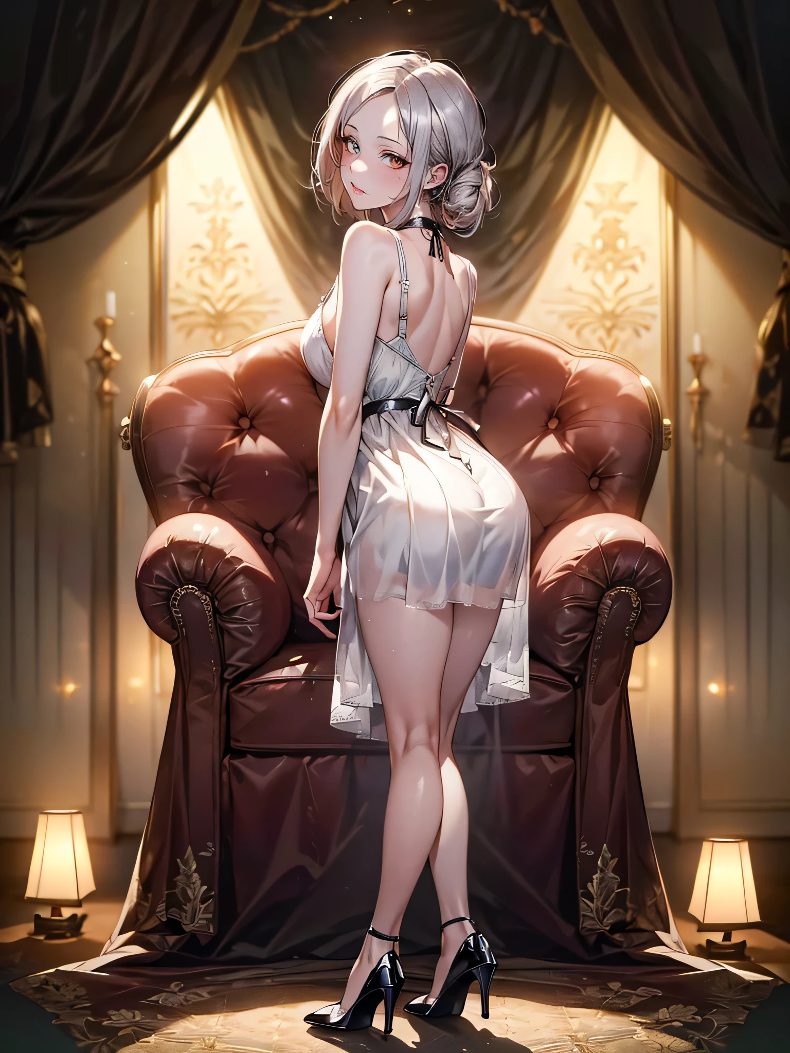(masterpiece, high resolution, best quality,highres:1.5), CG, illustration, delicate face, cute face, shiny hair, shiny skin, sparkling pupils, Latex dresses,High heels,Patterned dragonfly stockings, looking back, silver hair, 