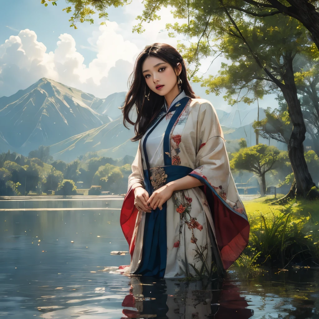 ((masterpiece))), (((best quality))), ((Extremely detailed)), (Highly detailed computer illustration), ((Very delicate and beautiful)),Cinema Lighting, bloom, Tree, white Leaf, A woman, Black Hair, put, Chinese clothes, cloud, cloudy, reflection, water, Sunlight, permanent, sword, hold sword.