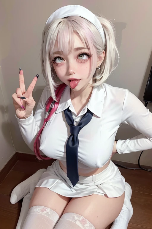 high quality, detailed,nurse,(very very wet and very transparent white uniform,skirt),a mole under the eye,(bob hair,bob hair),(tounge out,lots of saliva),(blushing:1.4),smile,absurdres,orgasm,ecstasy,(wearing white overknee socks),the whole body,the whole body,she has a lot of earrings,tattoo,tattoo,looking up,she has fancy nails,at the nurses' station,seducing,nurse,temptation,nipples