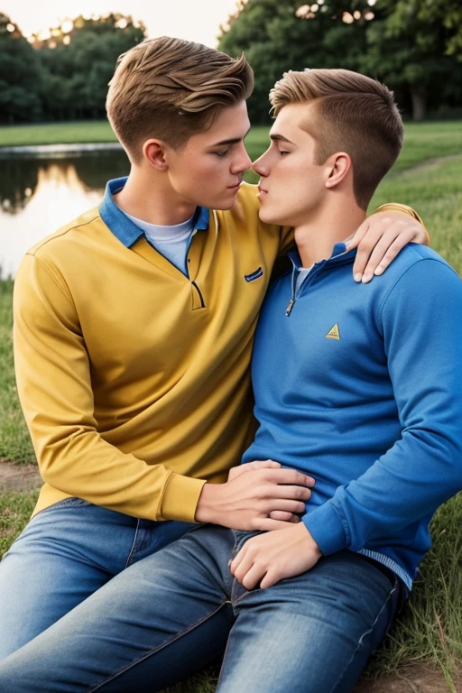 Two men, photo realistic. A 16-year-old, handsome, lean man with short-cut, blond hair and blue eyes, wearing a brown sweatshirt, and khaki pants, sitting in the lap of a 17-year-old, handsome, athletic, Caucasian man with short, shaved brown hair, and blue eyes, wearing a blue and yellow jersey, and jeans, kissing, groping each other, laying on a grassy field, by a pond in a large city park, at night. Masculine, erotic, sexy, romantic, love, huge bulge.