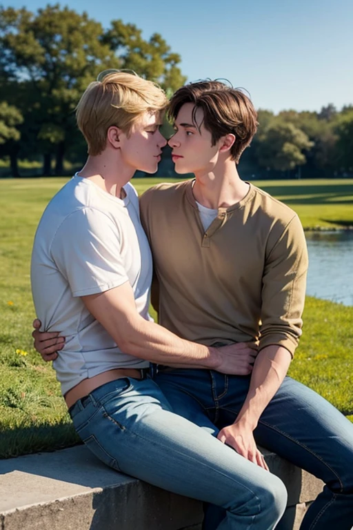 Two men, photo realistic. A 16-year-old, handsome, lean man with short-cut, blond hair and blue eyes, wearing a brown sweatshirt, and khaki pants, sitting in the lap of a 17-year-old, handsome, athletic, Caucasian man with short, shaved brown hair, and blue eyes, wearing a blue and yellow jersey, and jeans, kissing, groping each other, laying on a grassy field, by a pond in a large city park, at night. Masculine, erotic, sexy, romantic, love, huge bulge.