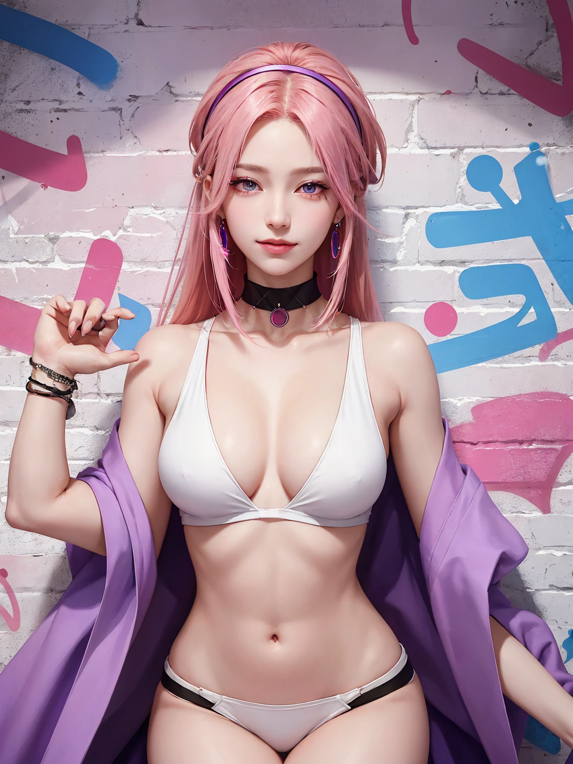 (Masterpiece, best quality, 1 girl, alone, complicated details, Chromatic aberration), realistic, ((Moderate breath)),long hair, pink hair, Red headpiece, Pink Highlights, hair on one eye,purple eyes, earring, sharp eyes, choker, Neon coat, She wears a collar, bangle, and kimono style garters., crop top, (symmetrical eyes),(Perfect symmetrical body),against the wall, Brick wall, (colorful graffiti words on the wall:1.2), The light is dim., alley ,Look at the viewer.、Dig the chest、smile、(sleeveless、Navel touch、Fitted turtleneck.)、street string hot pants、Thin bottom、Please build above the eaves..、Thin shoulders、