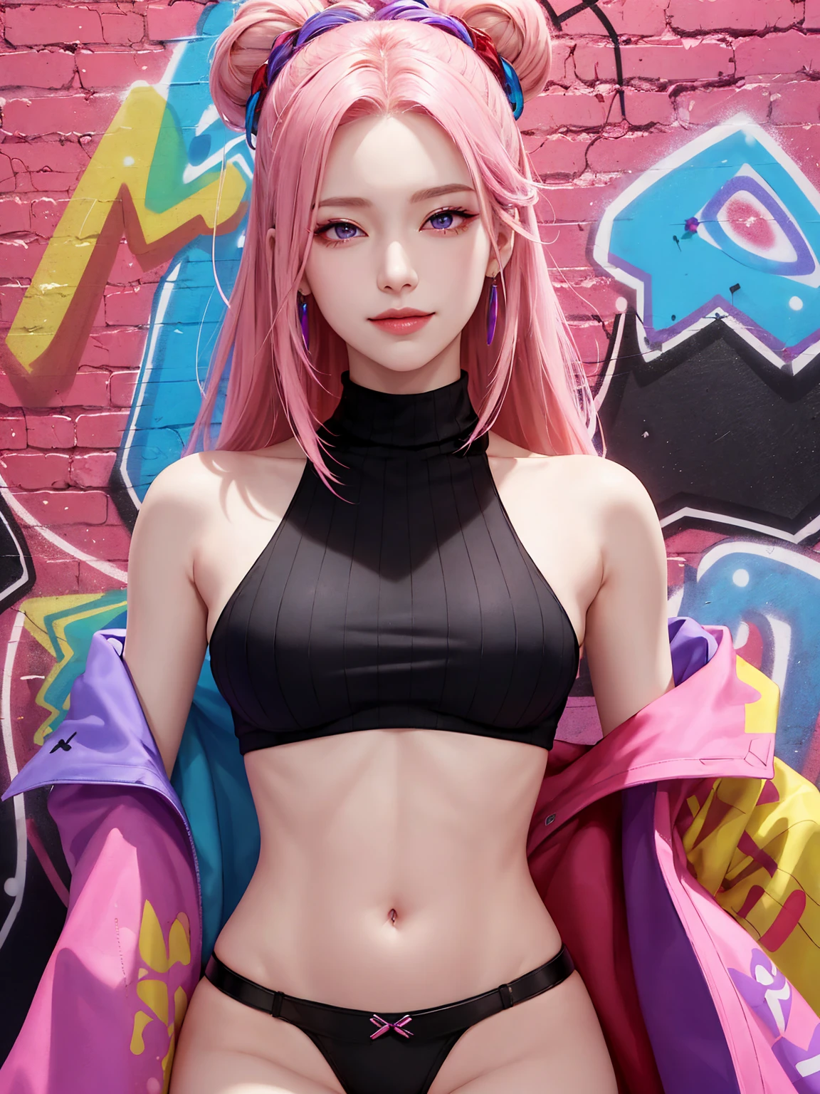 (Masterpiece, best quality, 1 girl, alone, complicated details, Chromatic aberration), realistic, ((Moderate breath)),long hair, pink hair, Red headpiece, Pink Highlights, hair on one eye,purple eyes, earring, sharp eyes, choker, Neon coat, She wears a collar, bangle, and kimono style garters., crop top, (symmetrical eyes),(Perfect symmetrical body),against the wall, Brick wall, (colorful graffiti words on the wall:1.2), The light is dim., alley ,Look at the viewer.、Dig the chest、smile、(sleeveless、Navel touch、Fitted turtleneck.)、street string hot pants、Thin bottom、Please build above the eaves..、Thin shoulders、