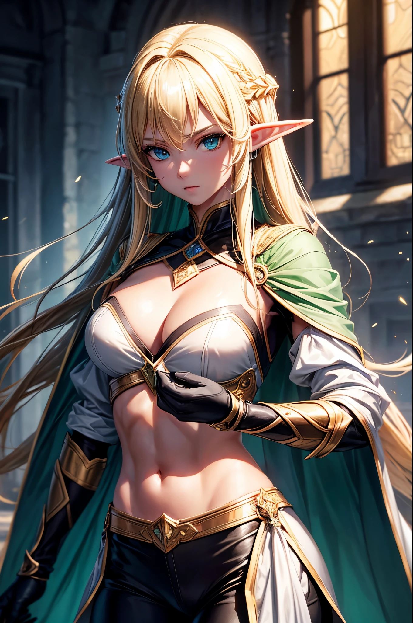 8k,An elf woman who serves as the vice-commander of the Brave Knights..,so beautiful(Like the real thing),Green Eyes,Elf Ears,Blonde Straight Hair,Muscular and slim body,Strongly defined abdominal muscles,Luxurious black exterior,Luxury Black Combat Trousers,sneer,Long, narrow eyes,masterpiece,Photorealistic RAW photos of the highest quality。Bright colors,Rich colors, Backlight, Cinema Lighting, Film Grain, to be born, 50mm lens, Nikon D850,Realistic Skin,Fantasy art,Character Art,Ultra-high resolution,Realistic scale skins,Perfect hand shape,View your viewers,Beautiful expression,1 comb&#39;hair,Very small breasts,豪華な緑と黒のVery small breastsの胸鎧,Luxurious black shoulder pad,Luxurious black gauntlets,Luxurious black armour,Luxurious black leg armor,View your viewers,Thin breastplate,Top-down view,close,Sharp Eyes,Dynamic fighting pose,Showing very little cleavage,