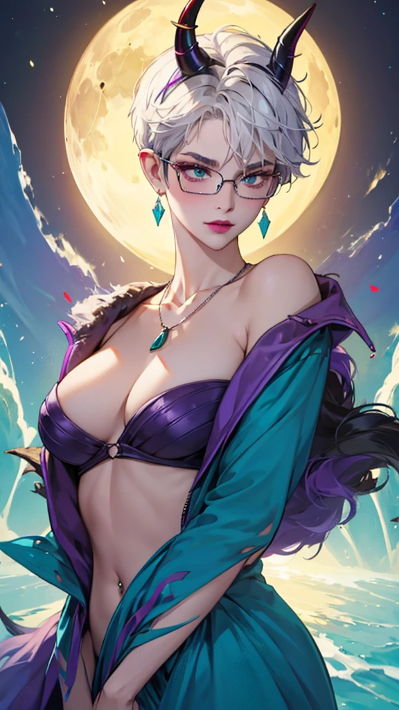 8k, masterpiece, best quality, highly detailed, 1 girl, tiefling, warlock, pixie cut, multicolored hair, very short straight hair green highlight hair on white hair, strippled hair, wearing glasses, round glasses, sexy, earrings, navel piercing, red eyeshadow, long eyelashes, blushed cheek, red lips, necklace, rings, collarbone, mole on face, glamorous, teal clothing, purple clothes, smirk, close up view, rings, looking at viewer, demon horns, solo, forest, blue pale moon, standing, royal dress, wearing crown, devil books, back toward viewer, looking over shoulder.