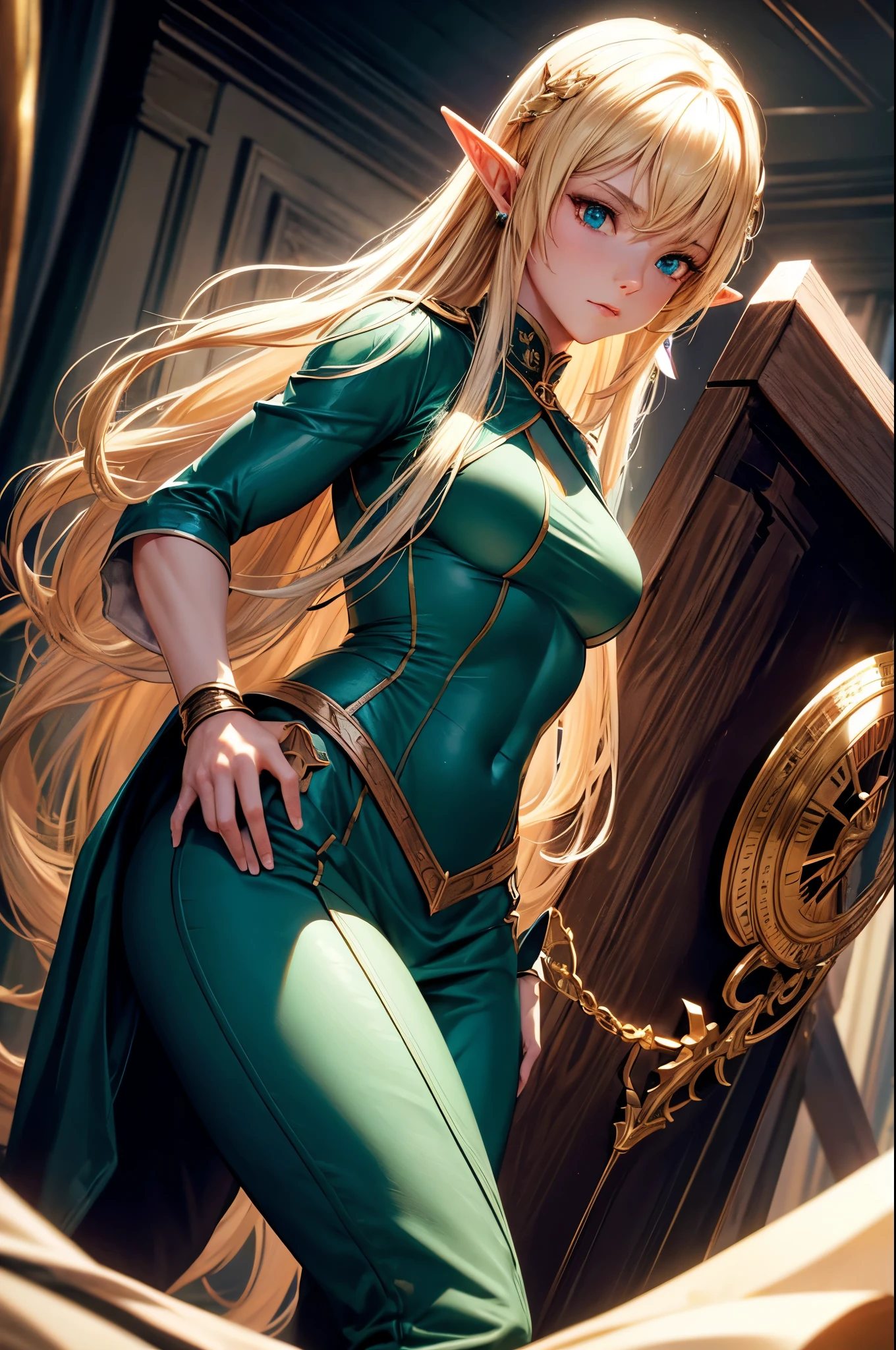 8k,An elf woman who serves as the vice-commander of the Brave Knights..,so beautiful(Like the real thing),Green Eyes,Elf Ears,Blonde Straight Hair,Muscular and slim body,Strongly defined abdominal muscles,Luxurious black exterior,Luxury Black Combat Trousers,sneer,Long, narrow eyes,masterpiece,Photorealistic RAW photos of the highest quality。Bright colors,Rich colors, Backlight, Cinema Lighting, Film Grain, to be born, 50mm lens, Nikon D850,Realistic Skin,Fantasy art,Character Art,Ultra-high resolution,Realistic scale skins,Perfect hand shape,View your viewers,Beautiful expression,1 comb&#39;hair,Very small breasts,豪華な緑と黒のVery small breastsの胸鎧,Luxurious black shoulder pad,Luxurious black gauntlets,Luxurious black armour,Luxurious black leg armor,View your viewers,Thin breastplate,Top-down view,close,Sharp Eyes,Dynamic fighting pose,Showing very little cleavage,