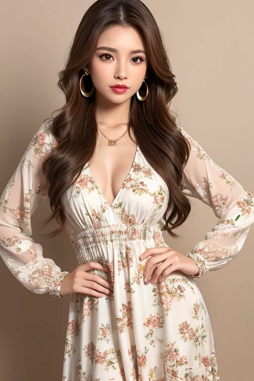 1girl, solo, long_hair, breasts, looking_at_viewer, brown_hair, simple_background, dress, long_sleeves, brown_eyes, jewelry, standing, earrings, white_dress, lips, hand_on_hip, makeup, floral_print, lipstick, photo_(medium), 3d, real_life