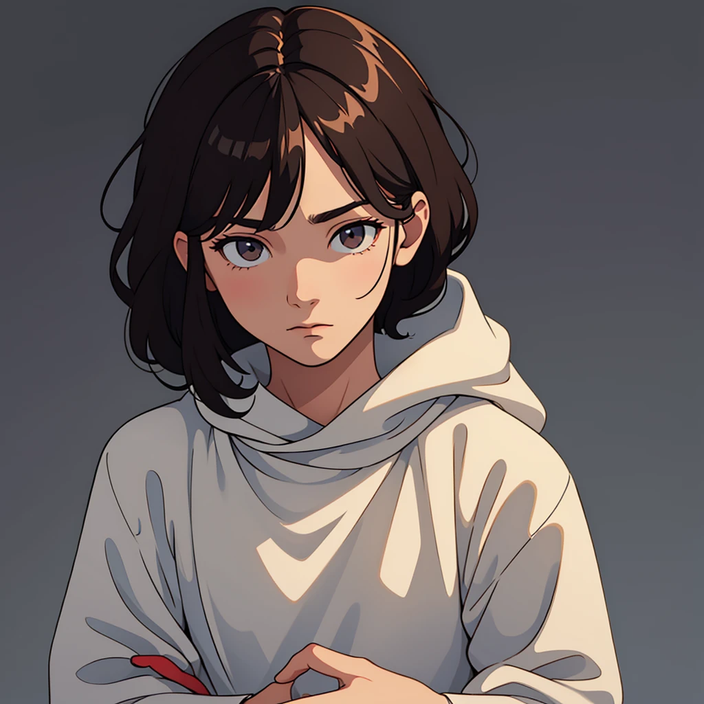 A cozy illustration of a man face dark hair and is facing slightly to the right, with a yet calm expression. The background is minimalistic and light.