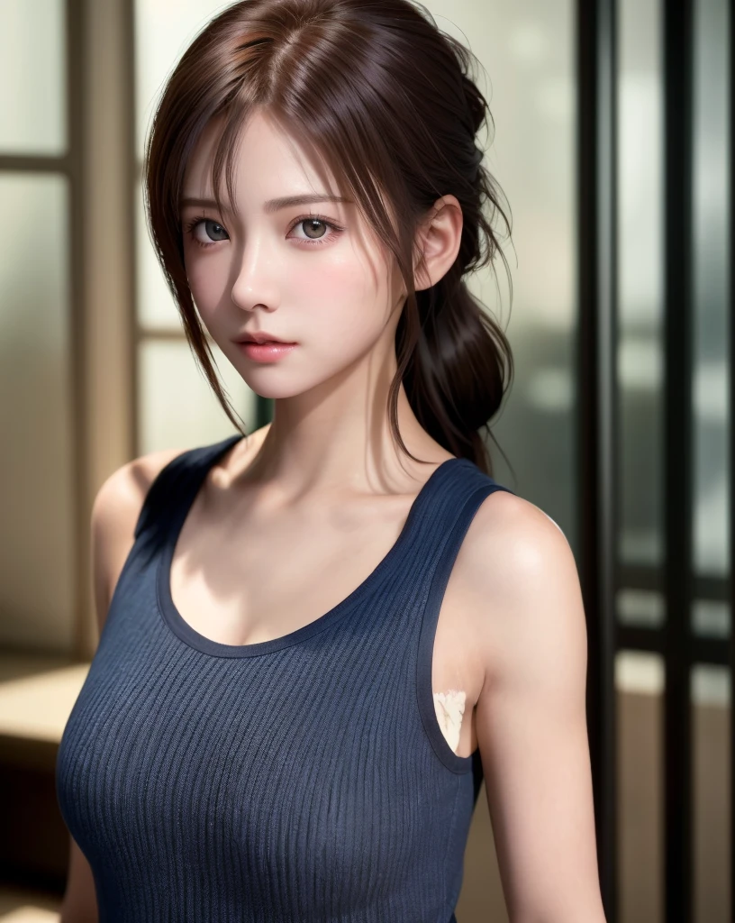 8K, of the highest quality, masutepiece:1.2), (Realistic, Photorealsitic:1.37), of the highest quality, masutepiece, Beautiful young woman, Pensive expression, Gentle eyes, sexy camisole、Hair tied back, Messy mood, Cinematic background, Light skin tone