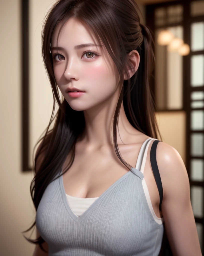 8K, of the highest quality, masutepiece:1.2), (Realistic, Photorealsitic:1.37), of the highest quality, masutepiece, Beautiful young woman, Pensive expression, Gentle eyes, sexy camisole、Hair tied back, Messy mood, Cinematic background, Light skin tone