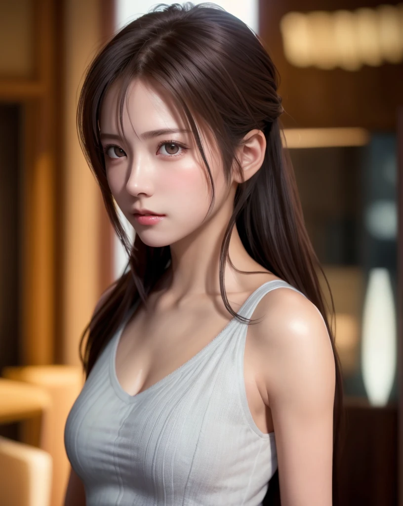 8K, of the highest quality, masutepiece:1.2), (Realistic, Photorealsitic:1.37), of the highest quality, masutepiece, Beautiful young woman, Pensive expression, Gentle eyes, sexy camisole、Hair tied back, Messy mood, Cinematic background, Light skin tone