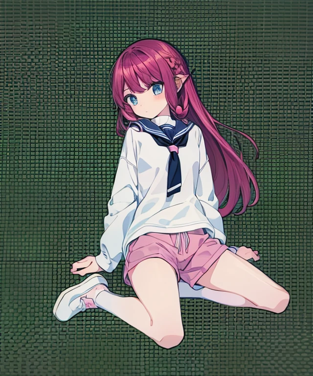 Beautiful illustrations, Highest quality, (:1.4)、(pretty girl:1.5)、 girl、Flat Chest、Sailor collar、(White long tunic:1.4)、Long sleeve sailor suit、Blue-line cuffs、(Pink Chino Shorts:1.7)、(Pink shorts with wide openings:1.6)、Gap between thigh and shorts、Thin thighs、White socks、 Cinema Lighting, (Pink long hair)、Pink Straight Hair、Redness on the cheeks、(Braiding of the back of the head)