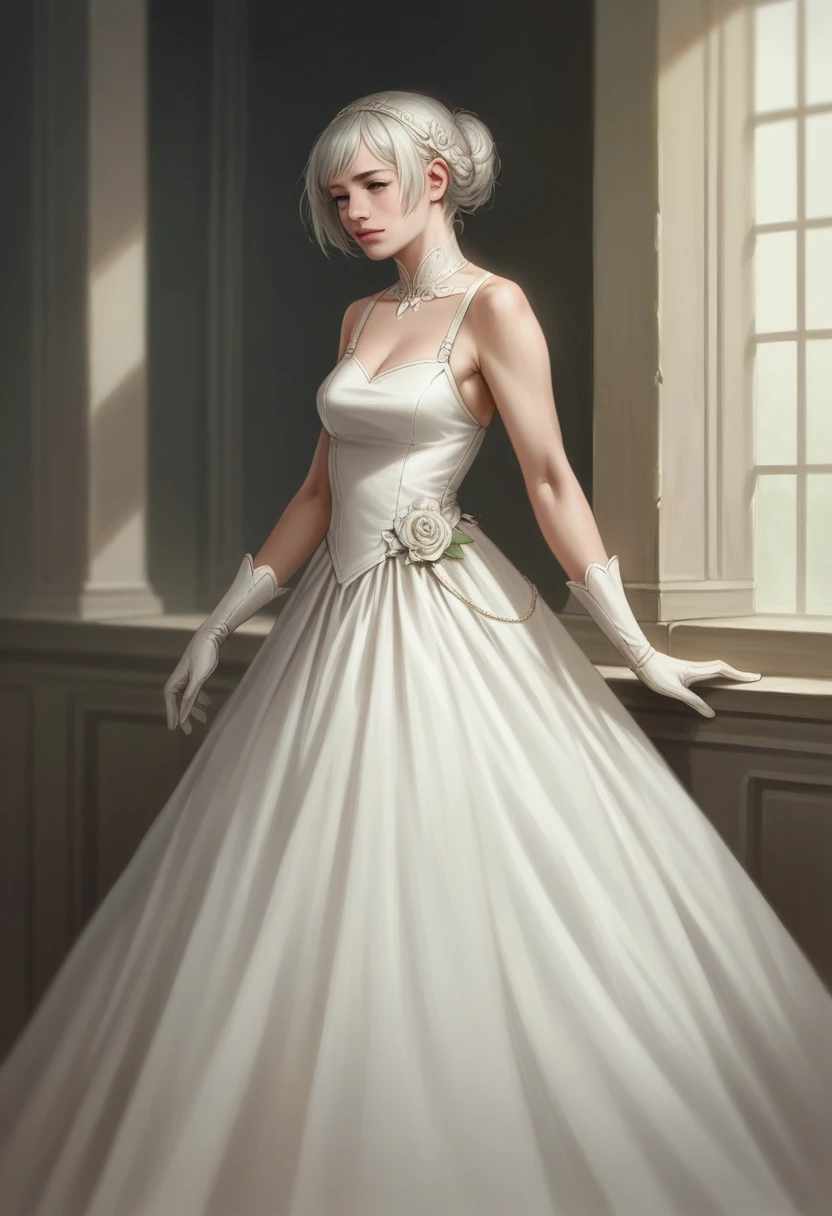 (photograph realistic:1.55), masterpiece, Highest quality, detailed, Blurryry, depth_of_Field, Blurryry_background, Blurryry_prospect, 1人of女of子, gloves, white_gloves, dress, motion_Blurry, photograph_(Moderate), alone, white_dress